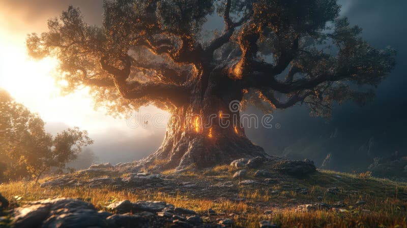 Ancient Tree, Glowing Heart vector illustration