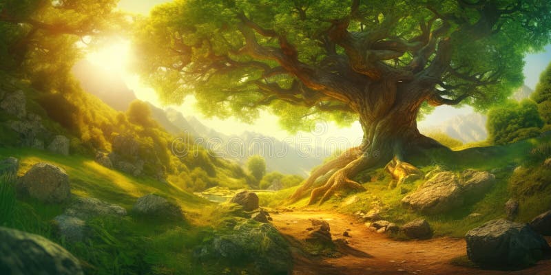 Ancient tree growing by a path in forest clearing, summer day filled with warm sunlight. Generative AI illustration vector illustration