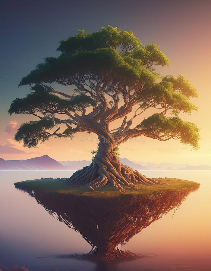 Ancient tree levitating over water at sunset stock illustration