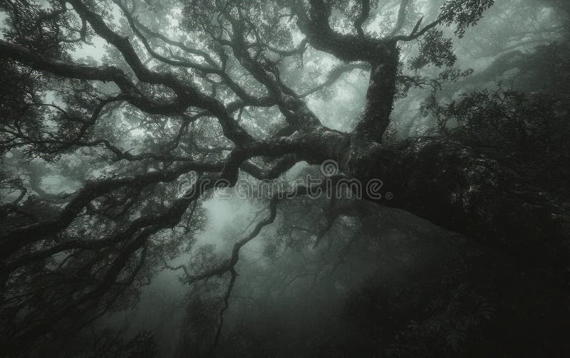 Ancient Tree in Misty Forest stock illustration