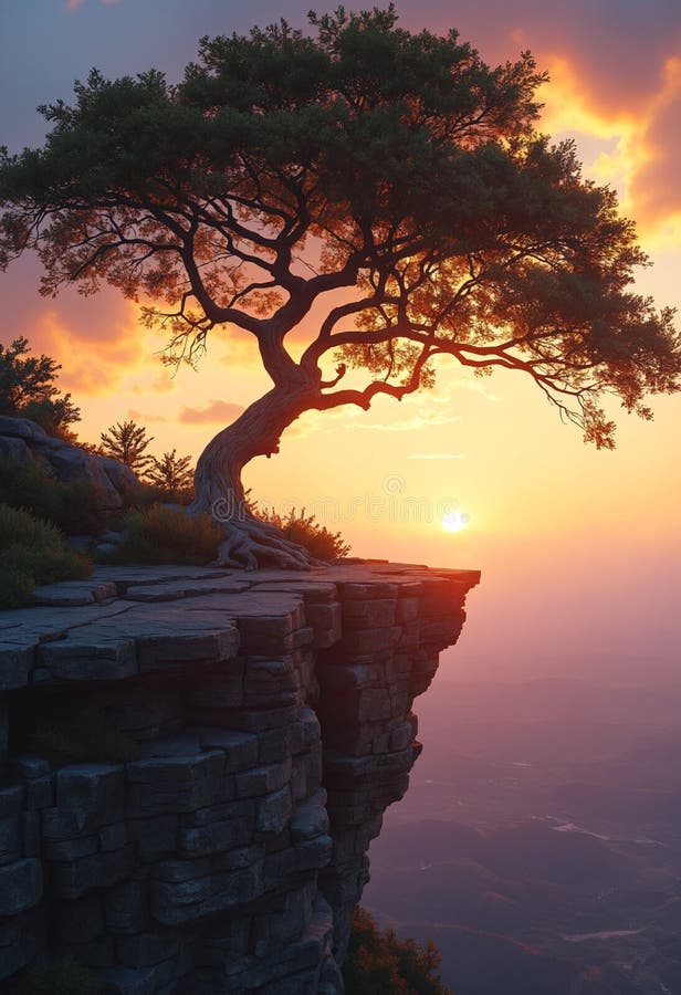 Ancient Tree on Rocky Clifftop at Sunset royalty free illustration
