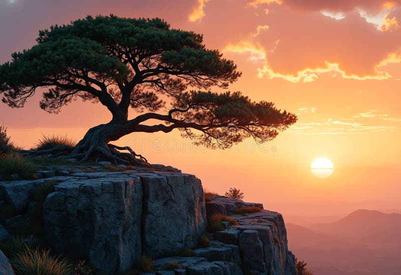 Ancient Tree on Rocky Clifftop at Sunset royalty free illustration