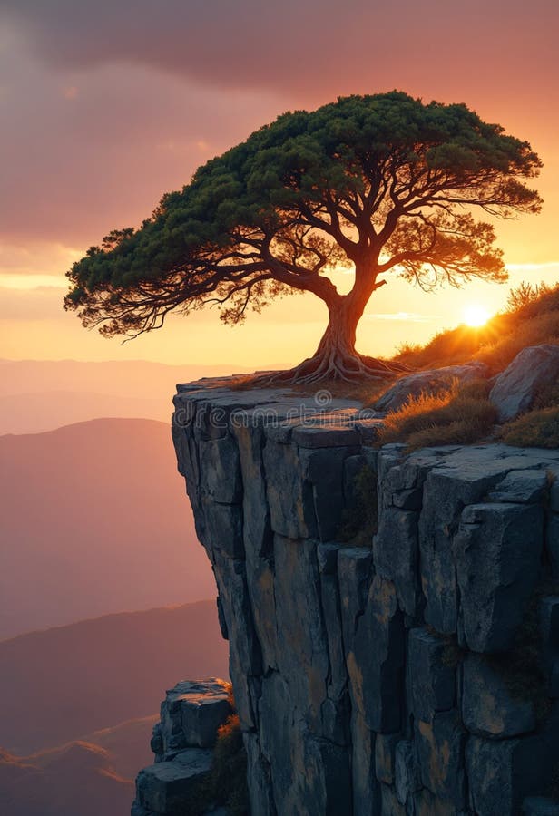 Ancient Tree on Rocky Clifftop at Sunset stock illustration
