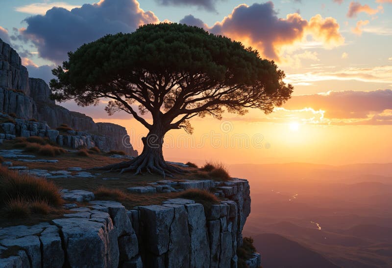 Ancient Tree on Rocky Clifftop at Sunset vector illustration