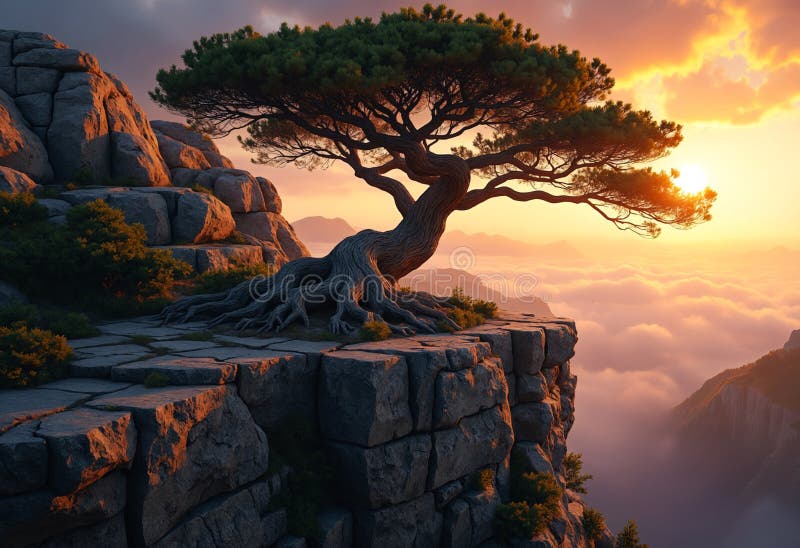 Ancient Tree on Rocky Clifftop at Sunset vector illustration