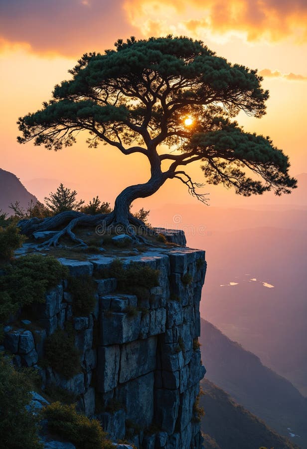 Ancient Tree on Rocky Clifftop at Sunset stock illustration