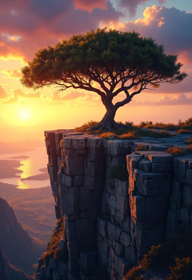 Ancient Tree on Rocky Clifftop at Sunset royalty free illustration