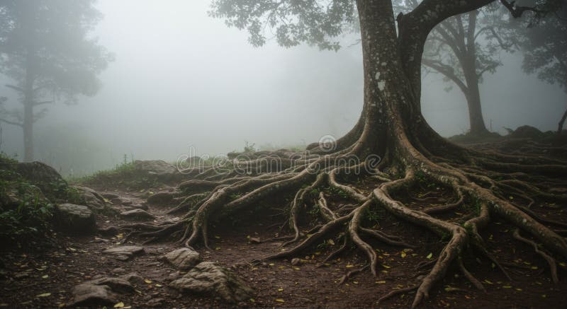 Ancient Tree Roots in Foggy Forest vector illustration