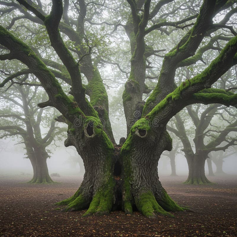 An ancient tree with a thick trunk features prominently in a misty forest setting. Moss stock illustration