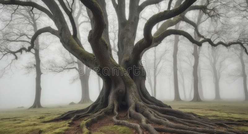 Ancient Tree Trunk Creating a Frame in a Mysterious Foggy Forest. AI Generated.