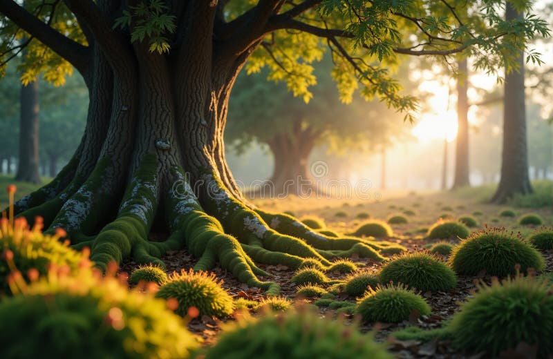 Ancient tree trunk with moss roots forest landscape stock illustration