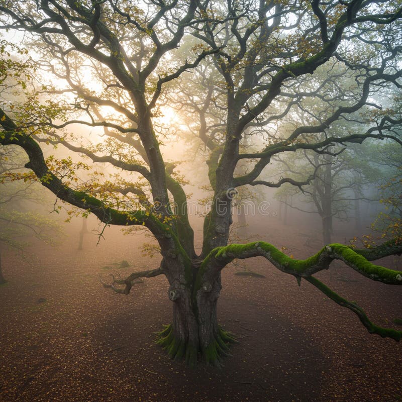 Ancient tree with twisted branches, possibly Quercus (oak), stands in a misty forest. vector illustration