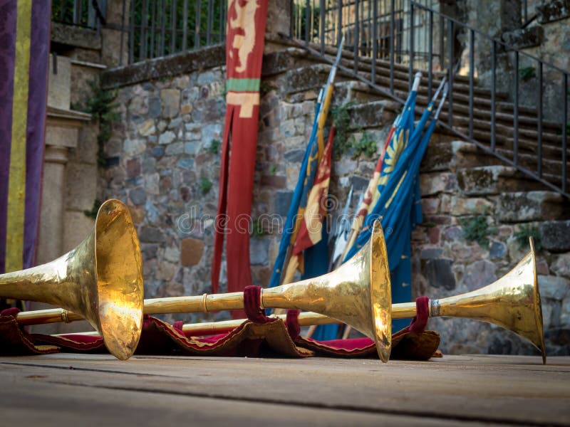 Ancient Trumpets Made of Brass and Copper Stock Photo Image of