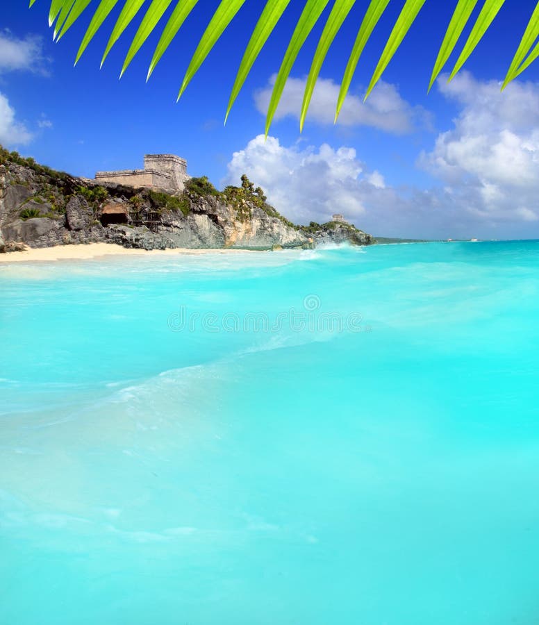 Ancient Tulum Mayan ruins view from caribbean sea stock image Ancient Tulum Mayan ruins view from caribbean sea stock image