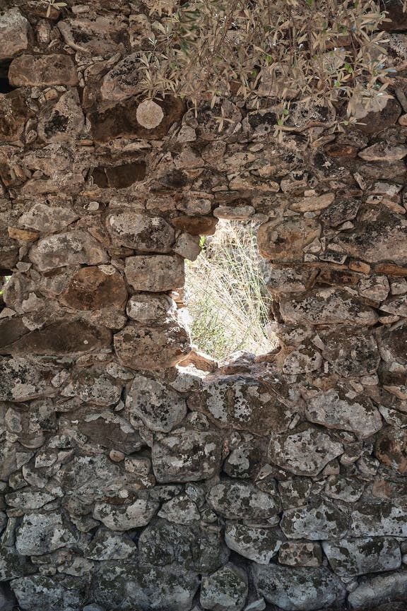 Ancient Wall Background with Old Concrete Stone Bricks and Window Hole