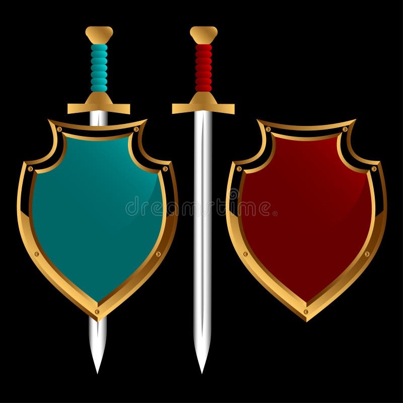 Set of boards and swords of different color on a black background. Bulat vectors