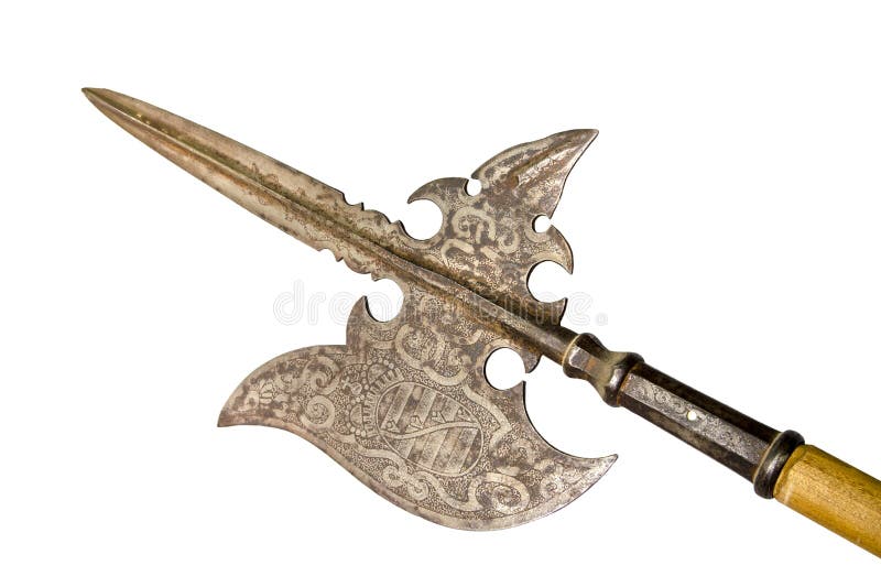 The ancient weapon - Austrian infantry halberd, metal engraving, isolated