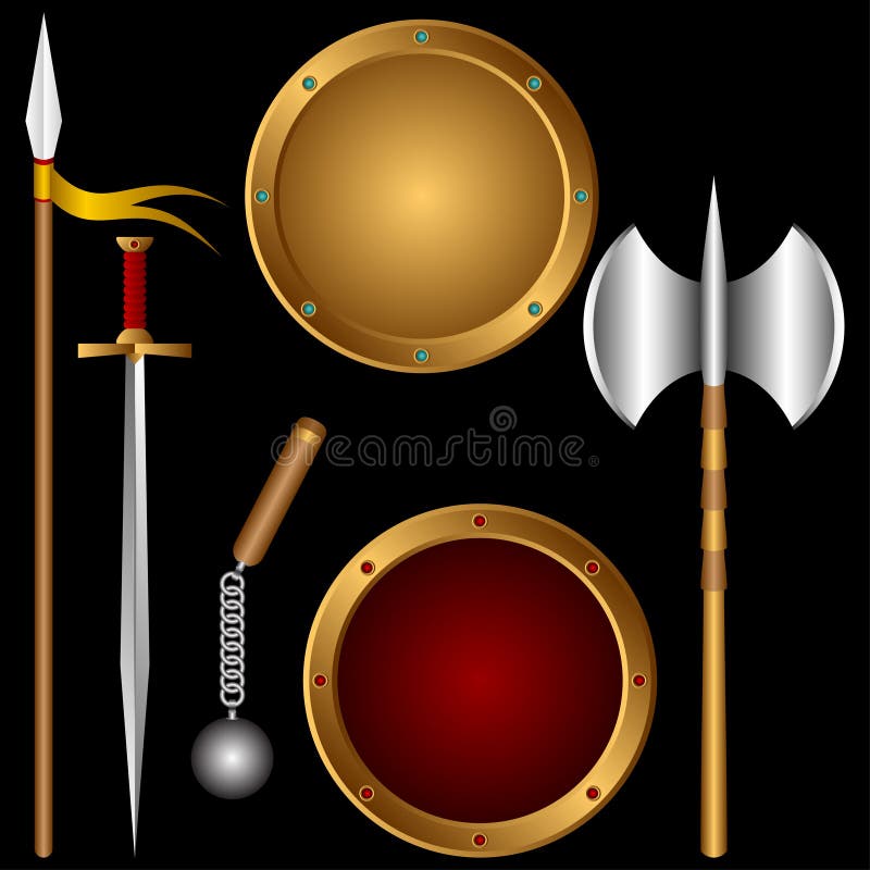 The different ancient weapon on a black background. Bulat vectors