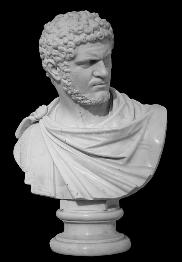 Ancient white marble sculpture bust of Caracalla. Marcus Aurelius Severus Antoninus Augustus known as Antoninus. Roman
