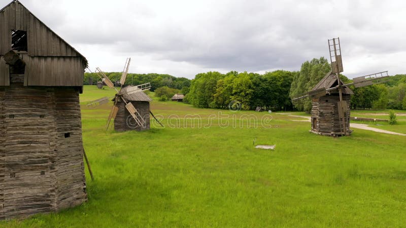 Ancient wooden mills in Pirogovo, Ukraine. stock footage