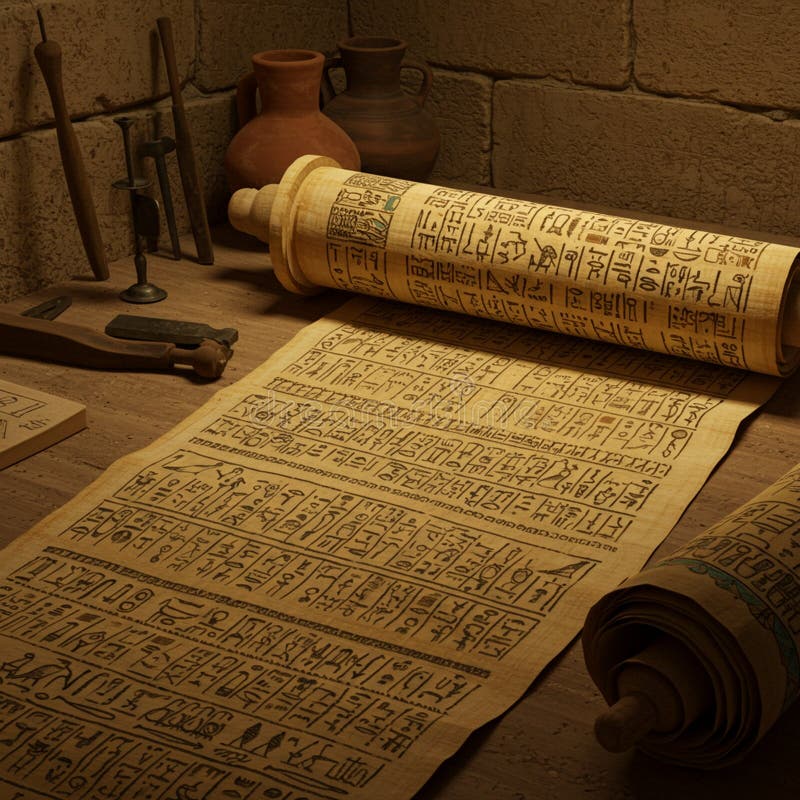 Ancienta rullar med egyptiska hieroglyfiler är upplösta på ett träbord vektor illustrationer