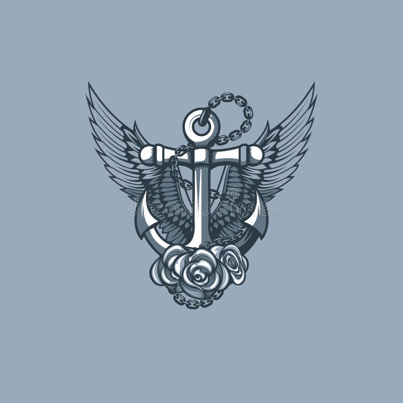 Ancla de mar, con las alas y las rosas stock de ilustración Ancla de mar, con las alas y las rosas stock de ilustración