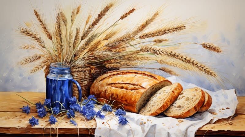 Ancora vita in rustico, fiori blu e grano in vaso di argilla con pane fatto in casa sul tavolo dei contadini illustrazione di stock
