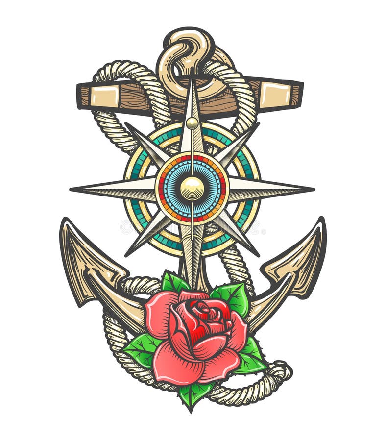 Ancre avec la rose et la Rose Flower de vent de boussole illustration de vecteur Ancre avec la rose et la Rose Flower de vent de boussole illustration de vecteur