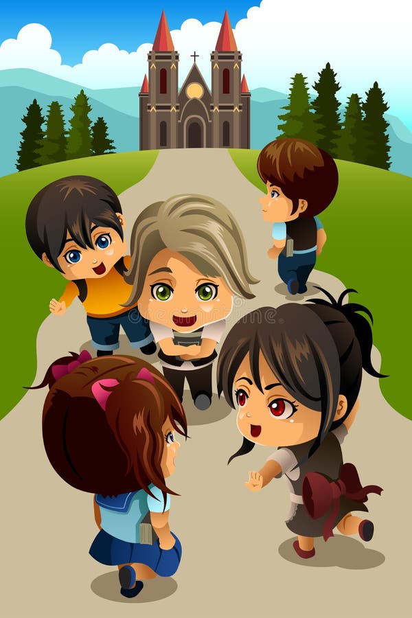 Andar in chiesae dei bambini illustrazione di stock Andar in chiesae dei bambini illustrazione di stock