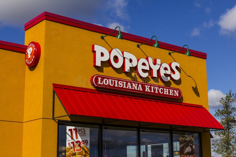 Anderson - Circa October 2016: Popeyes Louisiana Kitchen Fast Food Restaurant. Popeyes is known for Cajun Style Fried Chicken II royalty free stock photos Anderson - Circa October 2016: Popeyes Louisiana Kitchen Fast Food Restaurant. Popeyes is known for Cajun Style Fried Chicken II royalty free stock photos