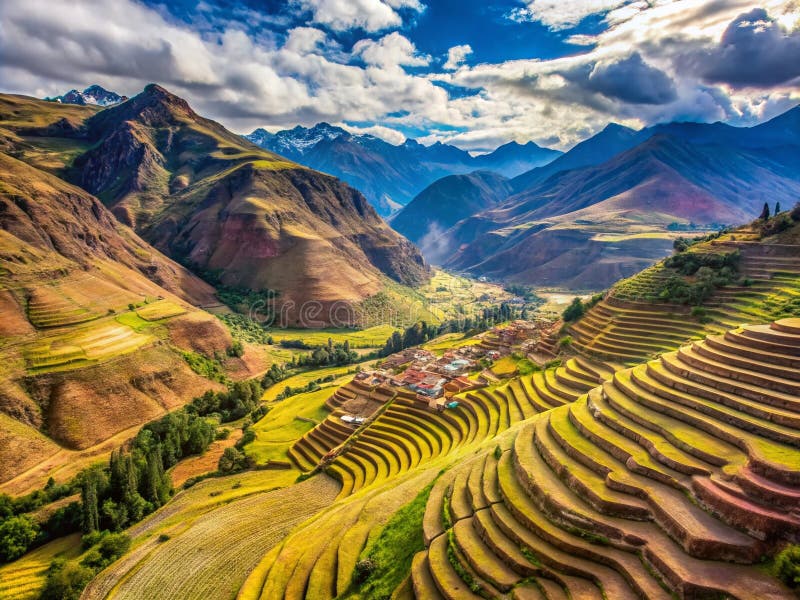 Andningsantenn (pisac inca ruins) i den heliga dalen i perus andes berg har ett droneseye perspektiv royaltyfri illustrationer