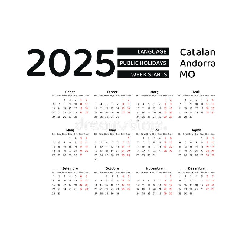 Andorra Calendar 2025. Week Starts from Monday. Vector Graphic Design