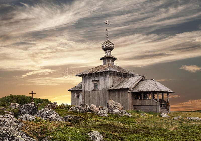 Andreevskiy skit of the Solovetsky monastery on the Bolshoi Zayatsky Island at sunset. Solovetsky archipelago, White sea, Russia. Andreevskiy skit of the Solovetsky monastery on the Bolshoi Zayatsky Island at sunset. Solovetsky archipelago, White sea, Russia