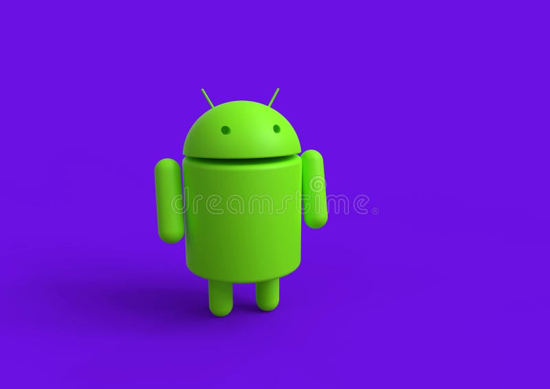 Android徽标机器人角色,绿色背景中的3D 编辑类库存图片. 插画包括有