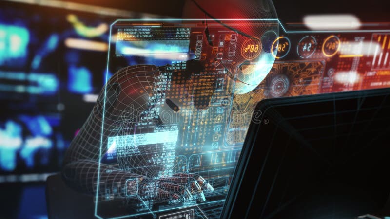 Android con laptop e codice di programmazione nell'interfaccia realtà virtuale stock footage