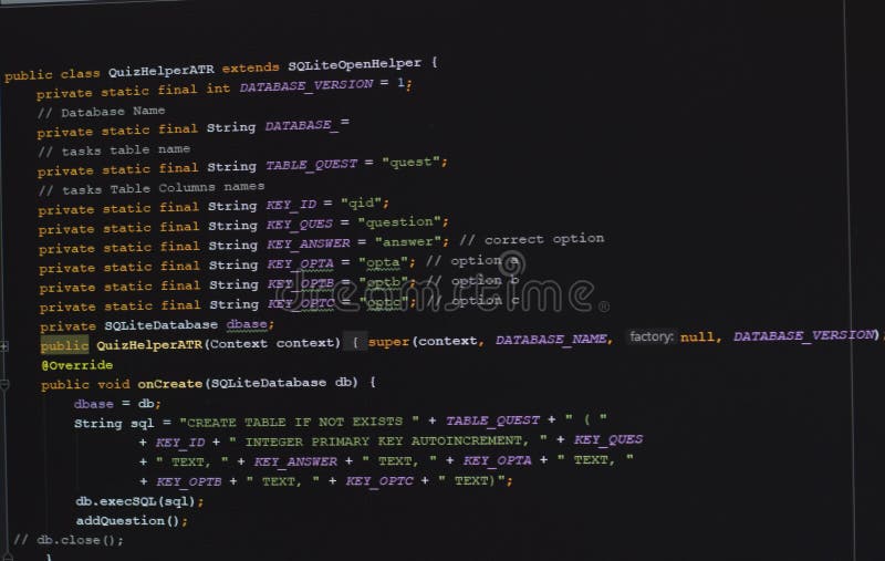 Android developing in java and SQL code on screen. Source code script stock images, royalty-free photos and pictures