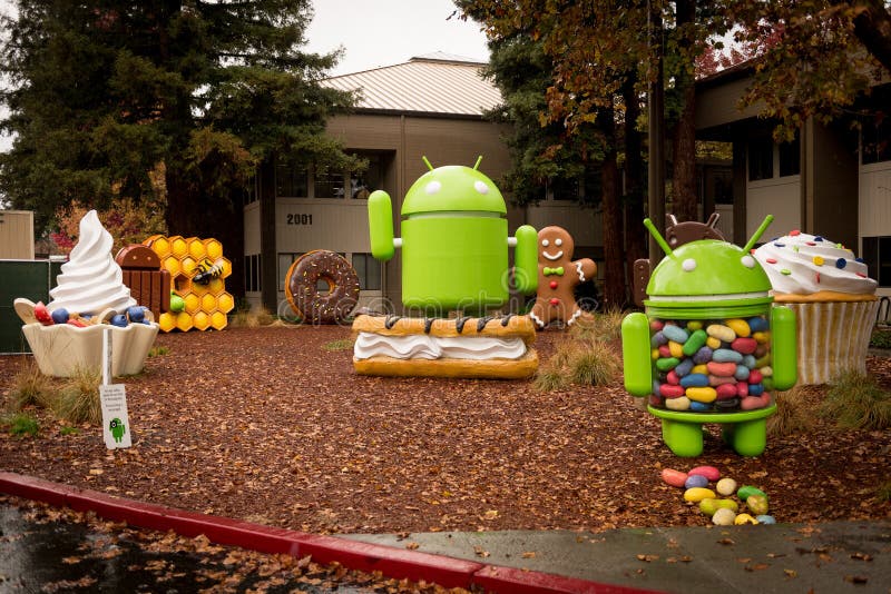 Android figures by the name of desserts on Google Campus in Silicon Valley Nov 2014. Android figures by the name of desserts on Google Campus in Silicon Valley Nov 2014.