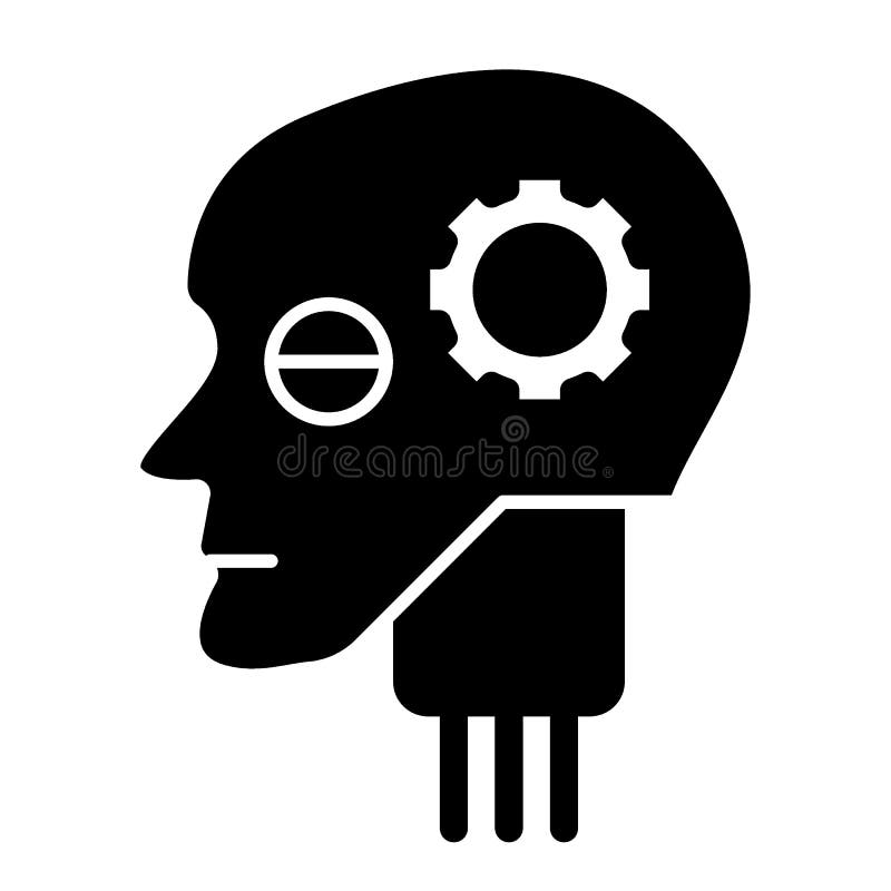 Android head with gear solid icon. Artificial intelligence vector illustration isolated on white. Robot head glyph style royalty free illustration Android head with gear solid icon. Artificial intelligence vector illustration isolated on white. Robot head glyph style royalty free illustration