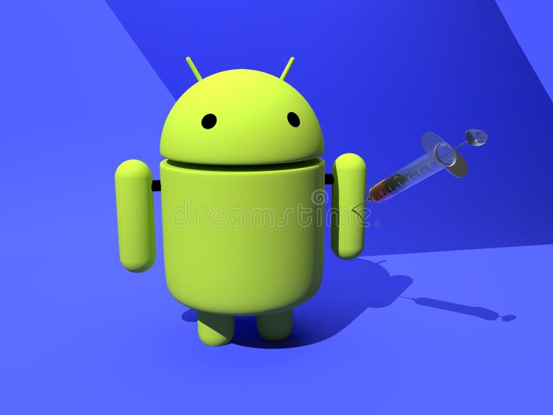 Android anti-malware vaccine protection against malware, virus, malicious software, hackers and cyber terrorism- Blue background - green bugdroid - 3D illustration. Android anti-malware vaccine protection against malware, virus, malicious software, hackers and cyber terrorism- Blue background - green bugdroid - 3D illustration