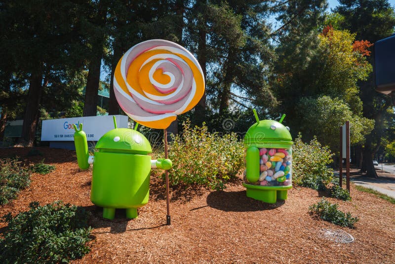 Android Mascot Statues with Lollipop and Candy, Googleplex, Mountain View stock image