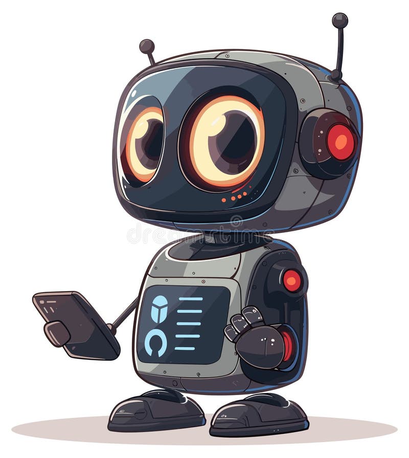 Android with phone. Robot chatting, cartoon chatbot service character, helpful mobile bot isolated, communication vector illustration