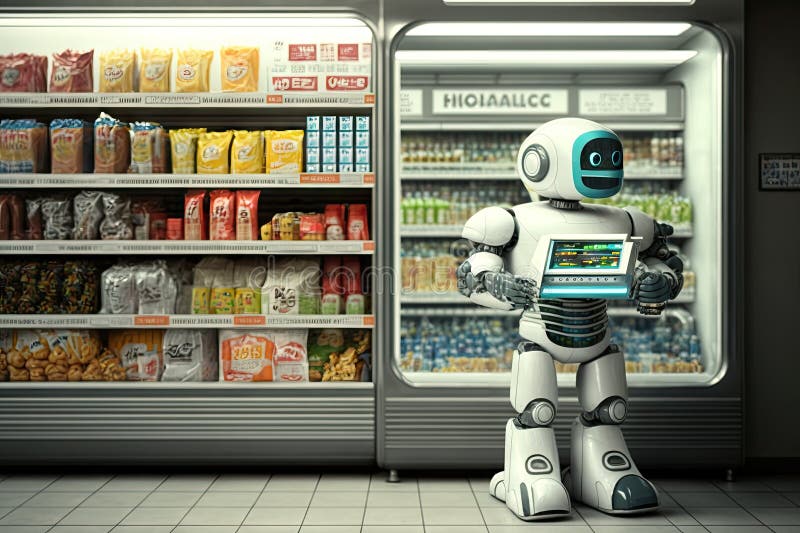 Android robot checking out customer's items at futuristic grocery store vector illustration