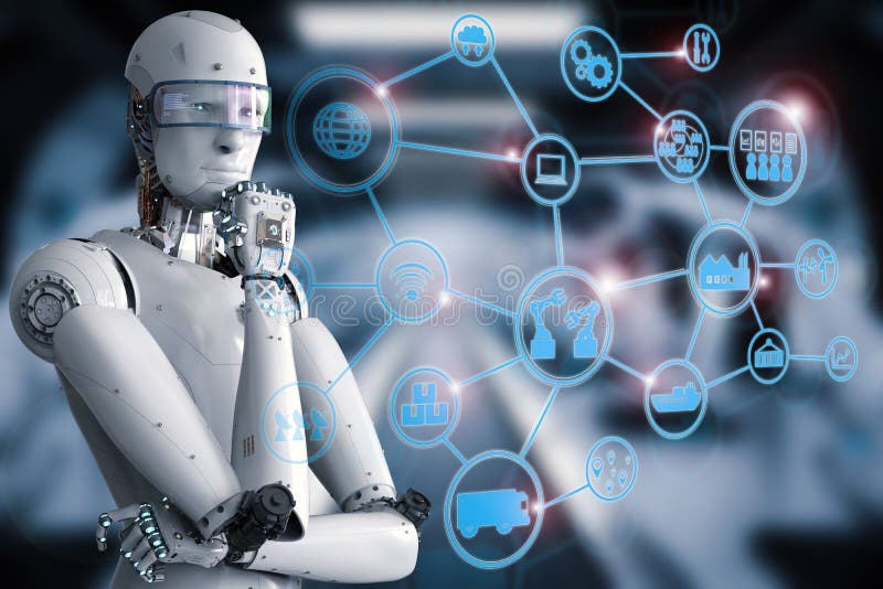 Android robot with industrial network vector illustration