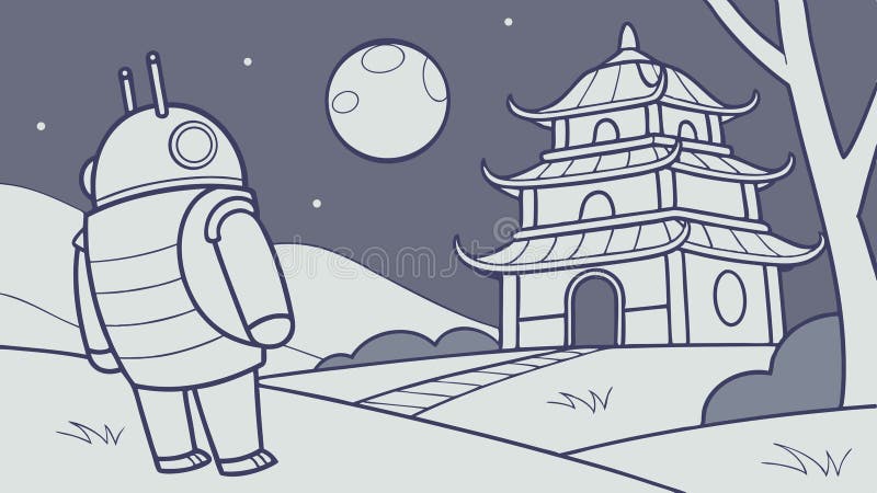 Android Robot przed tradycyjnym wektorem Pagoda Generation AI ilustracja wektor