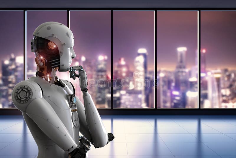 Android robot thinking in office royalty free illustration