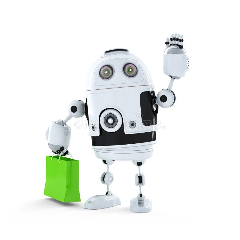Androidrobot med shoppingväska. isolerad på vit bakgrund arkivbilder