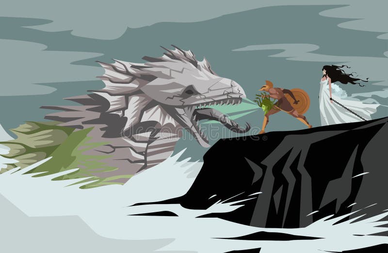 Andromeda chained to a rock and perseus fighting the sea monster cetus vector art. Andromeda chained to a rock and perseus fighting the sea monster cetus vector art