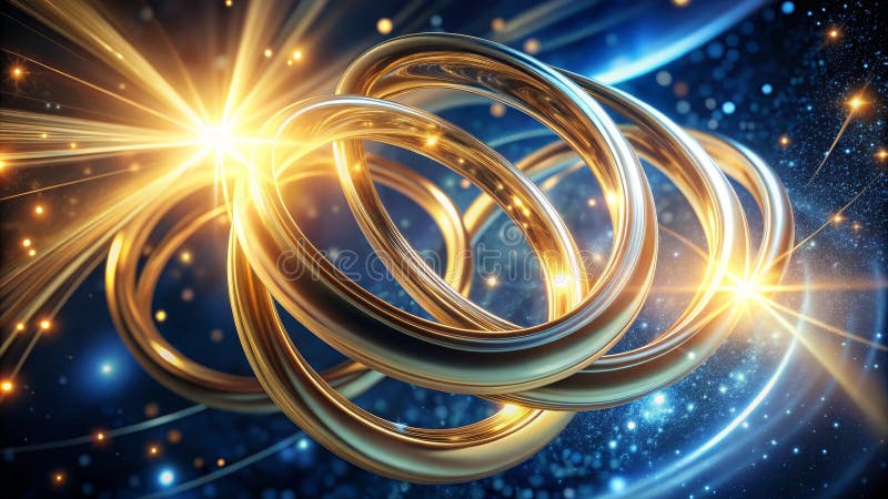 Anelli d'oro intrecciati in un bagliore cosmico design astratto con energia radiante ed elementi celestiali. Generative AI illustrazione di stock