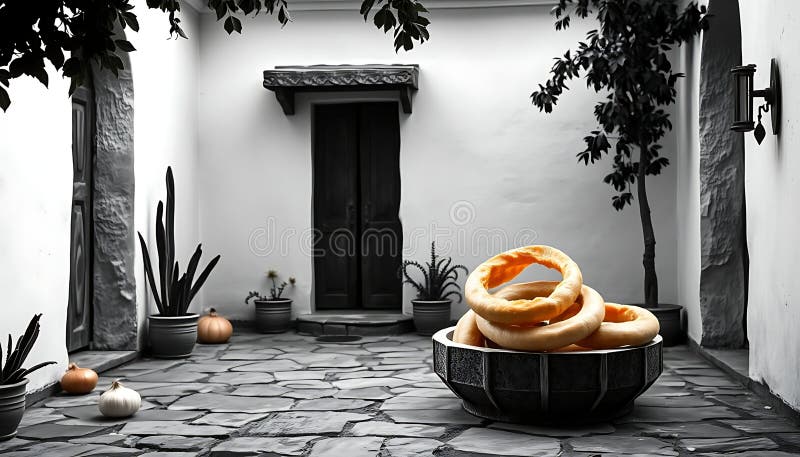 Anelli di pane in un cestello per l'esterno che fissa la presentazione alimentare Generative AI illustrazione di stock