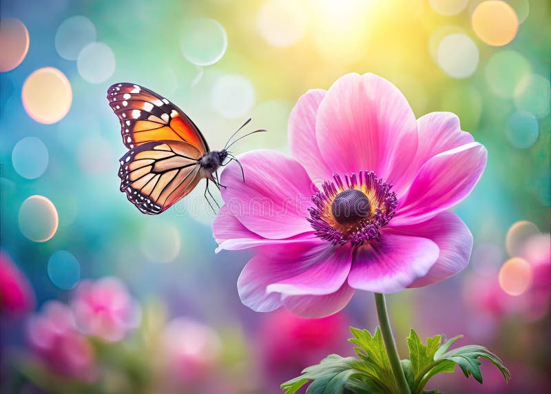 Anemone roz delicate și un fluture într-o grădină vibrantă de primăvară, cu fundal bokeh. O imagine florală de prim-plan perfectă stock illustration
